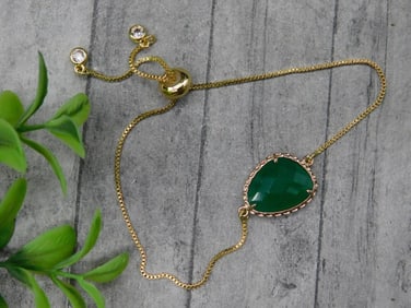 Gold-Tone Chain Bracelet with Green Stone Accent