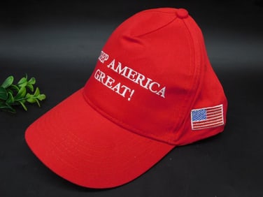Red Cap with Embroidered Text and Flag Design
