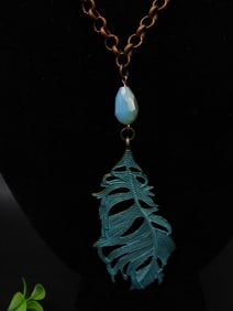 Bronze Chain Necklace With Teal Feather Pendant and Blue Faceted Stone