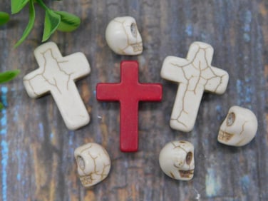 Set of Stone Crosses and Skulls with Red Accent Cross