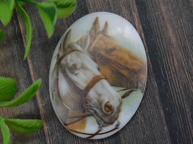 Oval Porcelain Pin With Horse Illustration