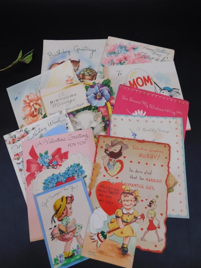 Lot of Assorted Greeting Cards with Variety of Designs: This lot contains an assortment of greeting cards featuring a variety of designs, likely covering themes such as birthdays, Mother's Day, and other occasions. Cards include colorful illustrations