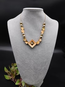 Gold-Toned Geometric Necklace with Square and Round Accents