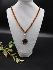 Amber-Colored Bead Necklace With REAL LOUIS VUITTON Crystal Pendant