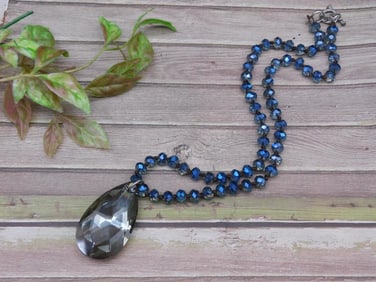 Blue Beaded Necklace with Large Glass Pendant