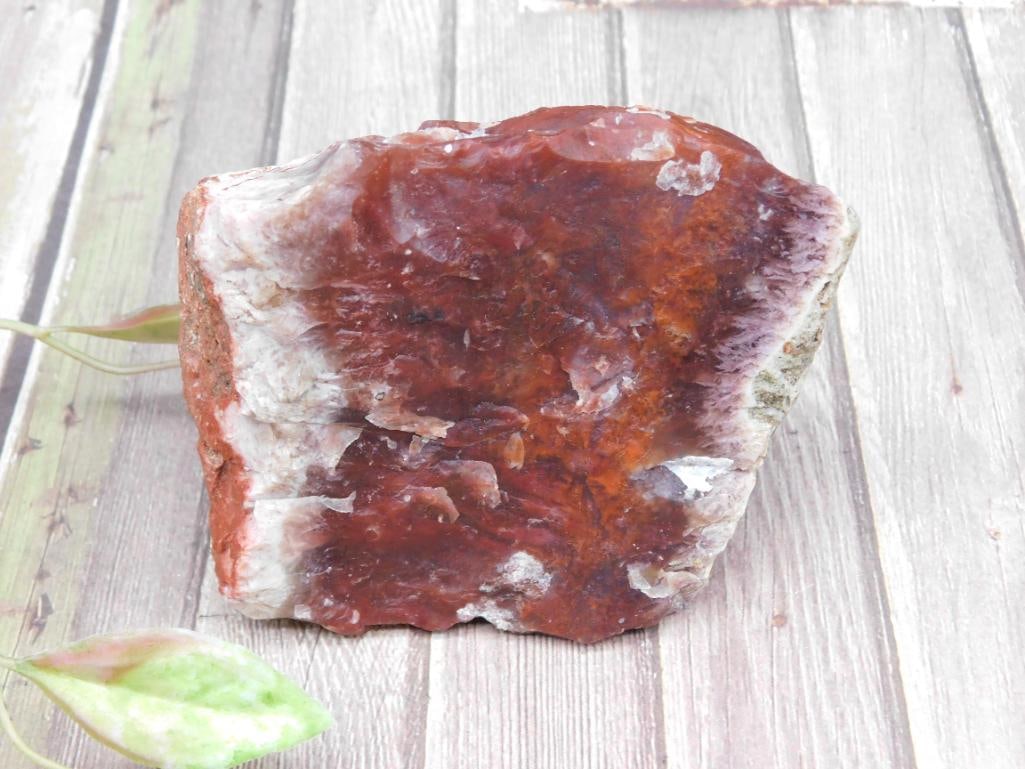 FIRE PLUME AGATEl Rock Specimen With White Accents: Reddish-brown mineral specimen featuring a textured surface and white accents. Includes hints of crystalline formations. Presented on a natural stone matrix. Ideal for collection or display.<