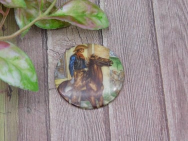 Decorative Round Pinback Button Featuring Cowboy and Horse Artwork