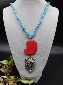 Turquoise Bead Necklace with Red and Metal Pendants