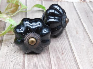 Pair of Black Glass Cabinet Knobs With Brass Accents