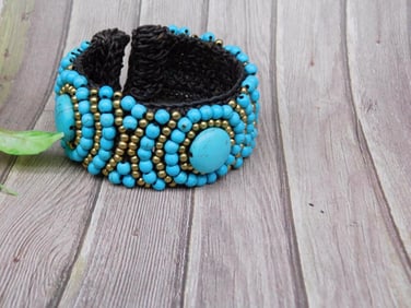 Beaded Blue and Black Adjustable Bracelet