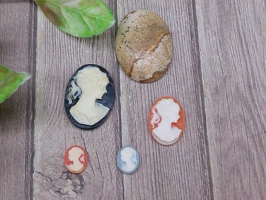 Set of Four Cameo Brooches With Decorative Stone