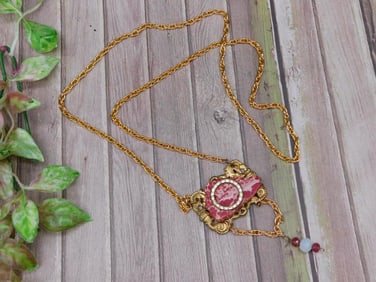 Gold-Toned Necklace with Red Stone and Rhinestone Accents