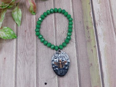 Green Beaded Bracelet With Queen Bee Charm