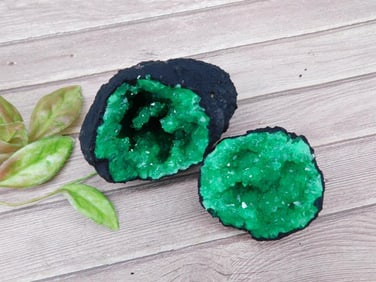 Green Crystal Geode Pair With Dark Outer Layer
