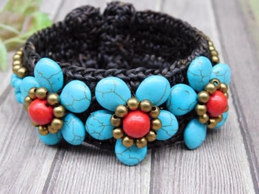 Handwoven Bracelet With Turquoise and Red Beads