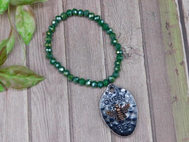 Green Beaded Bracelet With Queen Bee Charm