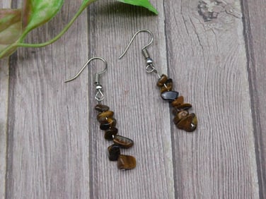 Tiger?s Eye Chip Bead Dangle Earrings with Metal Hooks