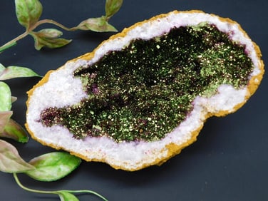 Geode Slice With Green and Purple Crystals