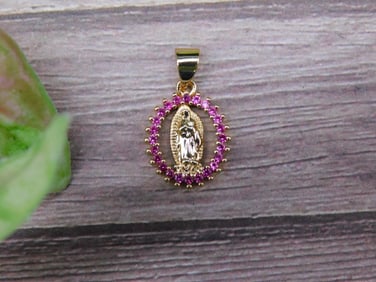Gold Virgin Mary Pendant with Pink Stones