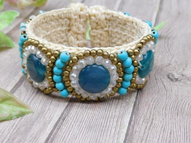 Blue Stone Woven Bracelet With Bead Accents