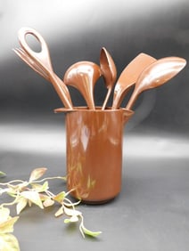 Brown Plastic Kitchen Utensil Set with Holder