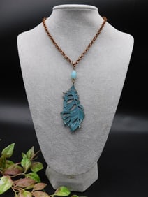 Blue Feather Pendant Necklace With Bronze Chain