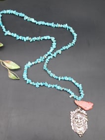 Turquoise Bead Necklace with Carved Pendant