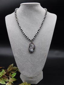 Silver Beaded Necklace with Geode Pendant