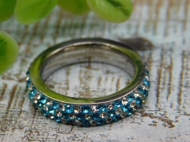 Silver Ring With Blue and Clear Gem Accents