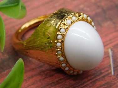 Gold-Tone Ring with White Stone and Beaded Accent, Size 7