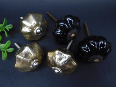 Set of Five Decorative Metal and Black Knobs