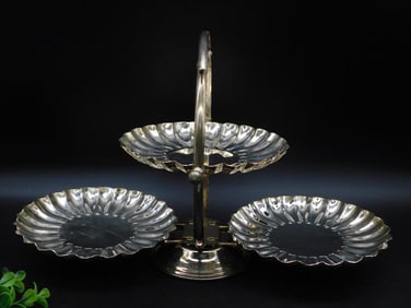 Three-Tier Silver-Plated Serving Stand With Scalloped Plates