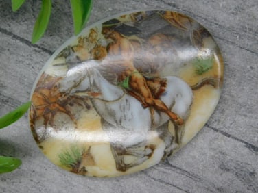 Painted Oval Stone With Battle Scene Artwork