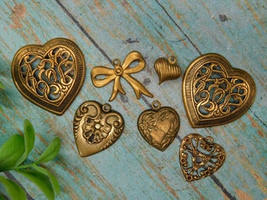 Collection of Brass Heart Pendants and Bow Charm
