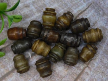 Lot of 14 Carved Stone Beads, Barrel-Shaped