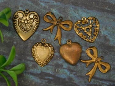 Set of 6 Ornate Brass Charms with Heart and Bow Designs