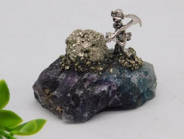 Decorative Pyrite and Rock Display on Fluorite Base ROCK STONE LAPIDARY SPECIMEN