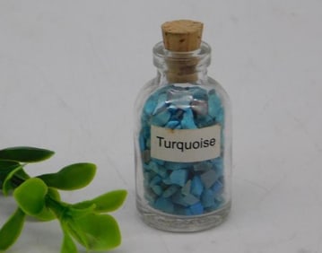 Glass Bottle With Turquoise Chips and Cork Stopper ROCK STONE LAPIDARY SPECIMEN