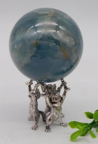 Blue Sphere With Metal Stand Featuring Racoons ROCK STONE LAPIDARY SPECIMEN