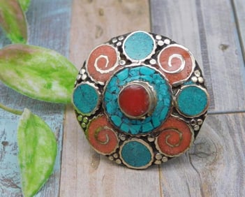 Turquoise and Red Stone Adjustable Ring