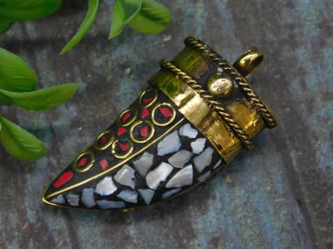 Mosaic Abalone and Red Coral Horn Pendant