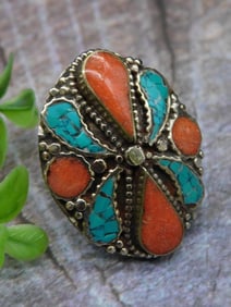 Turquoise, Lapis Lazuli, and Red Coral Adjustable Ring Rock Stone Lapidary Specimen