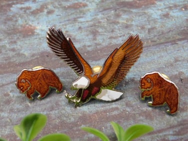 Set of Three Wildlife-Themed Metal Pins With Enamel Design