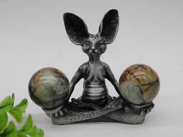 Figurine of cat with Two Spherical Stones Rock Stone Lapidary Specimen
