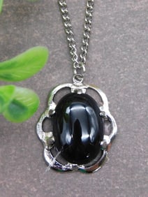 OBSIDIAN PENDANT ON CHAIN NECKLACE ROCK STONE LAPIDARY SPECIMEN