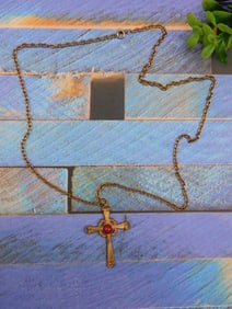 RED CORAL CROSS PENDANT ON CHAIN NECKLACE