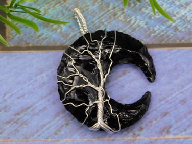 CRESCENT OBSIDIAN WIRE WRAPPED PENDANT ROCK STONE LAPIDARY SPECIMEN