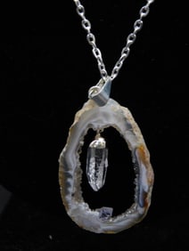 GEODE SLICE PENDANT ON CHAIN NECKLACE ROCK STONE LAPIDARY SPECIMEN
