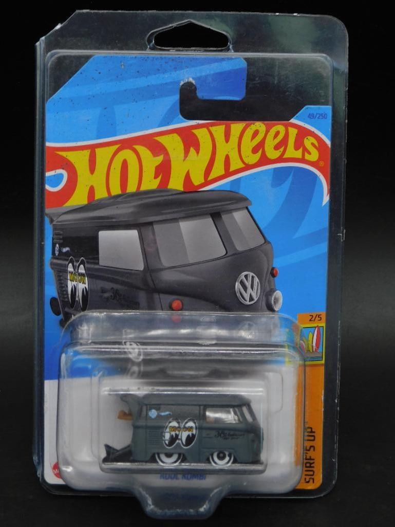 Hot Wheels Surfs Up 1:64 Scale Die-Cast Collectible: Hot Wheels Surfs Up die-cast collectible car in original packaging. Features detailed design with Volkswagen-inspired aesthetics. Card backing is intact with minor wear. Blister pack is sealed securel