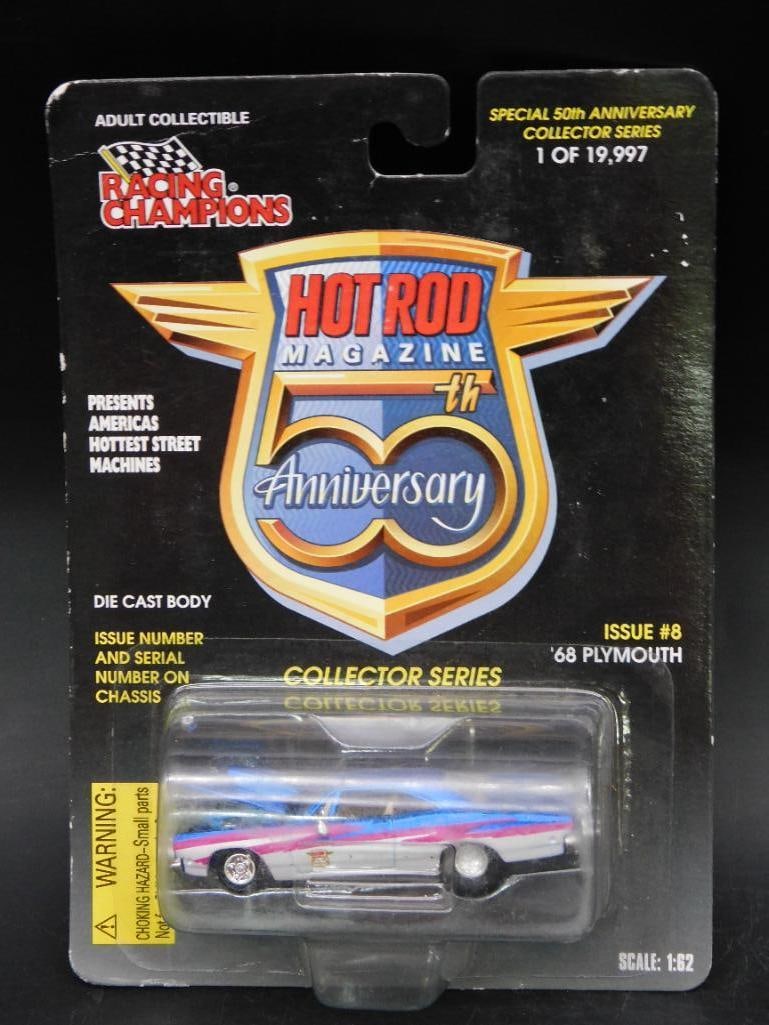 Hot Rod Magazine 50th Anniversary ?68 Plymouth Die-Cast: Hot Rod Magazine 50th Anniversary Collector Series, Issue #8. Includes a die-cast body 1968 Plymouth model. Limited edition, 1 of 19,997 produced. Features authentic paint and details. Packaged in ori